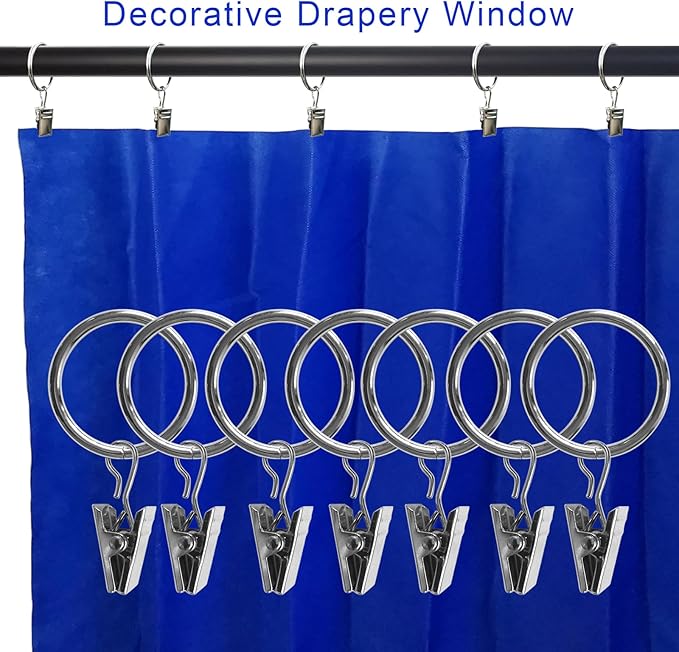 AMZSEVEN 44 Pack Metal Curtain Rings with Clips, Drapery Clips with Rings, Drapes Rings 1 inch Inner Diameter, Fits Diameter 5/8 inch Curtain Rods, Silver