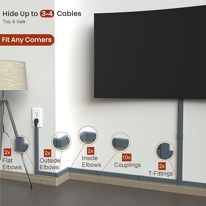 Grey Cable Cover Cord Hider - 157in Wire Hider on Wall Mounted, Grey Cord Cover Kit for Wall Mounted TV, Hide Wires Along Wall, Decorative Cable Raceway, Electrical Cable Concealer, Gray Cable Channel