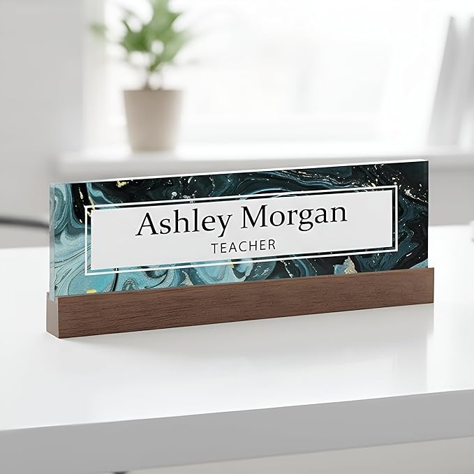 ARTBLOX | Office Personalized Name Plate Green Marble Design On Clear Acrylic Glass for Desk with Business Card Holder