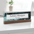 ARTBLOX | Office Personalized Name Plate Green Marble Design On Clear Acrylic Glass for Desk with Business Card Holder