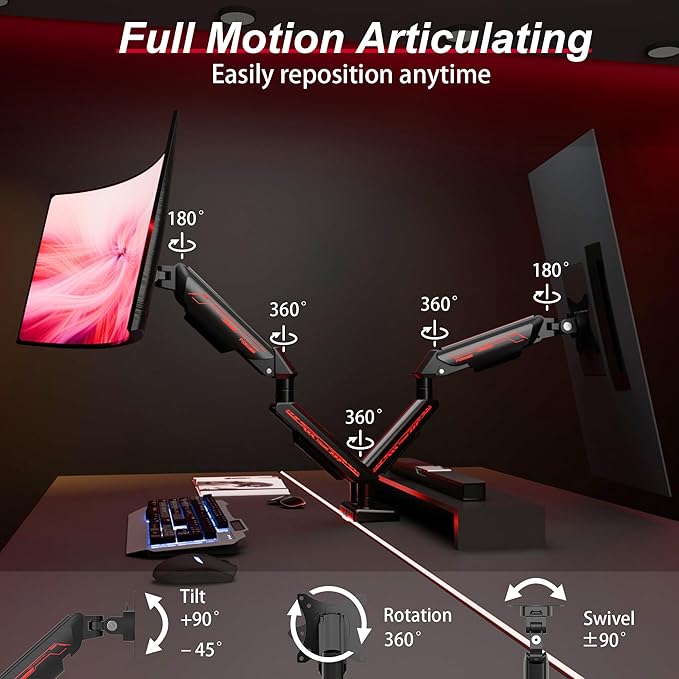 Dual Monitor Arm for 17-35" Screens up to 24.2 lbs, Ergonomic Gas Spring Monitor Stand with Height Adjust, Tilt, Swivel & Cable Management, VESA Desk Mount with 2 Types of Installation, Black
