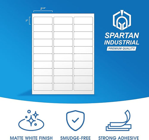 2 5/8" X 1" Matte White Printable Labels for Inkjet and Laser Printers - 100 Sheets, 3000 Total Custom Stickers for Address Labels, Mailing, Barcodes - Spartan Industrial Template R007