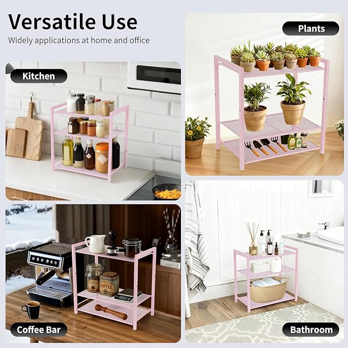 Desktop Shelf Organizer, 3-Tier Office Storage Rack, Adjustable Metal Bookshelf for Top of Desk, Pink Desk Organizer for Office, Home, Dorm and Small Spaces (Pink)