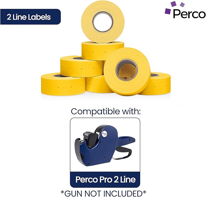 Perco 2 Line Yellow Labels - 80 Rolls, 10 Sleeves, 80,000 Blank Price and Date Gun Labels for Perco 2 Line Price and Date Guns - Made in USA