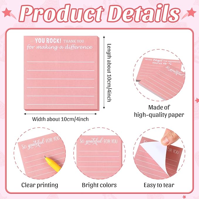 Yinder 24 Pcs Employee Appreciation Sticky Notes New Year Gift Bulk Motivation Sticky Note Pads Inspirational Gift for Teacher Nurse Staff Coworker Office Supply 3 x 3'' (Appreciation,Pink)