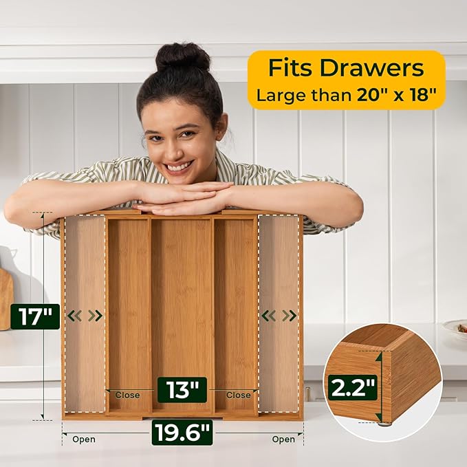 Carbonized Bamboo Kitchen Drawer Organizer, 5 Slots Expandable Silverware Organizer, Utensil Holder & Cutlery Tray, 2.2" Deep for Extra Capacity, Non-Slip Feet Included