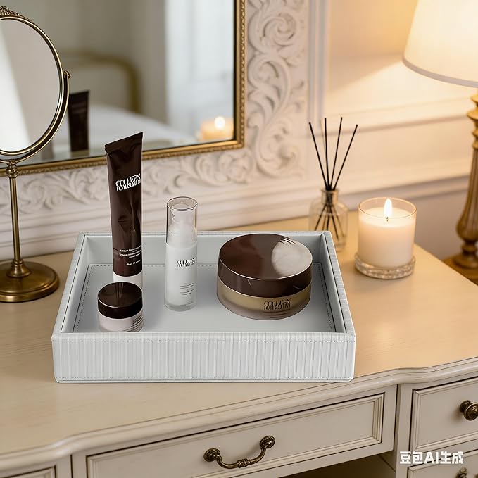 HofferRuffer Faux Leather Vanity Tray, Elegant Desktop Storage Organizer, Decorative Catchall for Perfume, Bathroom Valet, Nightstand or Dresser, 10.2 x 8.4 x 1.8 inches (Grey Stripe)