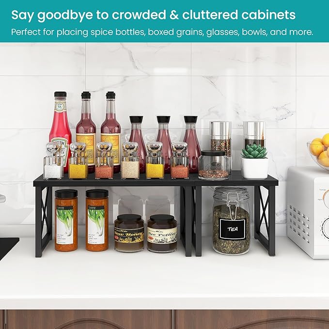 ELITEROO Wood Desktop Shelf, Freestanding Small Bookshelf Dorm Supplies Organizers, 2 Tier Independent Stackable Desk Stand, Adjustable Storage Organizer, Kitchen Counter Display Rack, Black