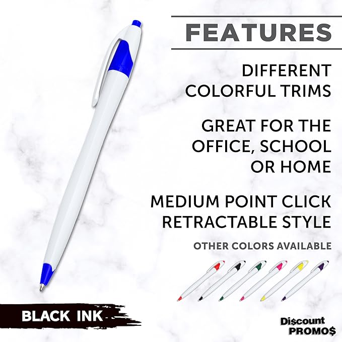 DISCOUNT PROMOS Slim Curvy Ballpoint Pens Set of 10, Bulk Pack - Black Ink, Retractable, Great for Office, School, Tradeshows - Blue Black