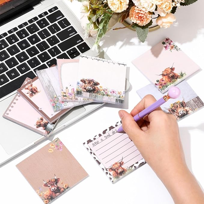 9 Pads Highland Cow Sticky Notes 3x3 Inch Cute Self Stick Notepads Notes Adhesive Memo Pad Office Decor Gifts for Students School Teacher Meeting Office Supplies