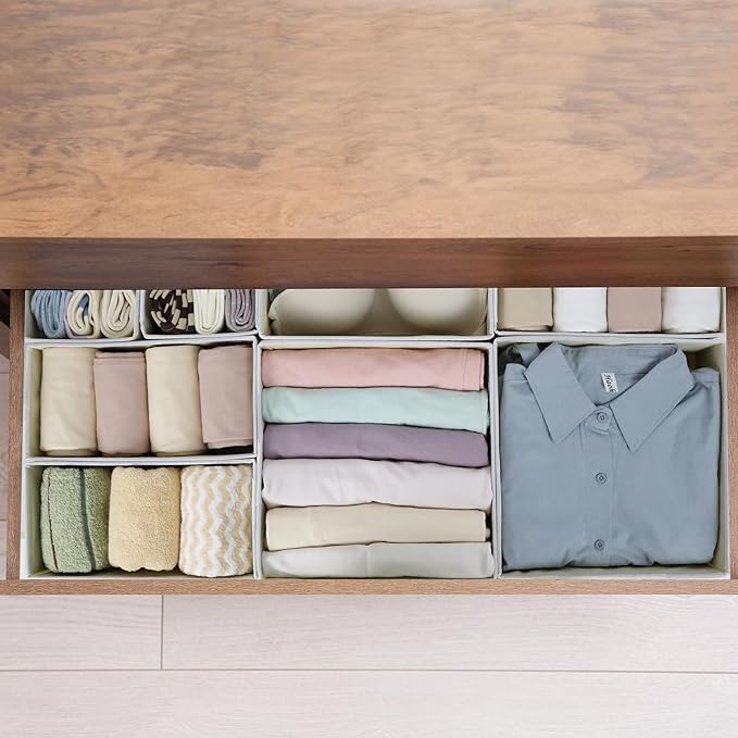 Drawer Organizer Clothes, Foldable Fabric Dresser Organizer Closet Organizers and Storage Box for Underwear,Folded Clothes,Baby Clothing,Socks,Bra,Towels,Ties(12 Pack,Yellow)