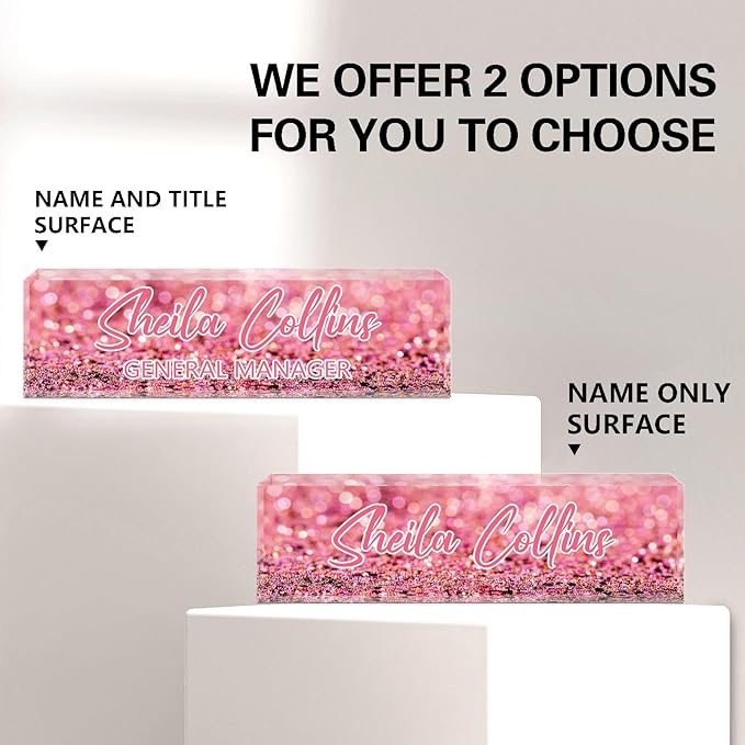 Custom Name Plate for Desk, Employee Appreciation Gifts, Acrylic Desk Name Plate Personalized, Office Decor, Funny Office Gifts for Coworkers Boss Teacher (Pink Glitter)