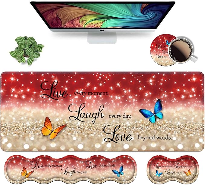 Ergonomic Keyboard Wrist Rest & Mouse Pad Wrist Rest Set,Large XXL Gaming Desk Mat 31.5"x 11.8",Non-Slip Base, Memory Foam,Easy Typing Pain Relief for Office & Home,Red Glitter Quote Live Laugh Love