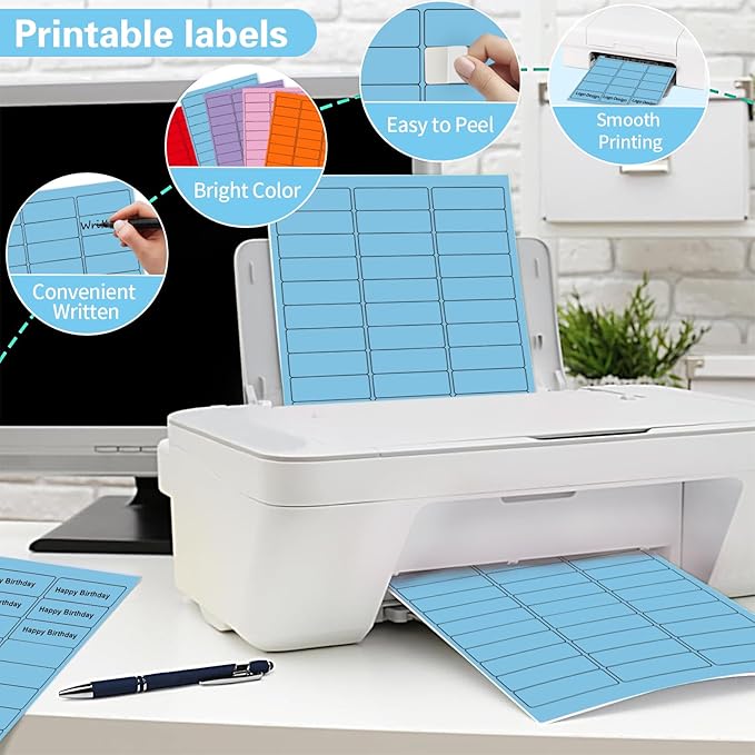 1" x 2-5/8" Colored Address Labels, 600 Bright Lake Blue Label Stickers- Laser/Ink Jet Printer Mailing Labels, 8.5"x11" 20 per Sheet