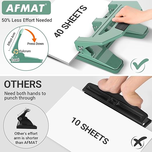 AFMAT Heavy Duty 3 Hole Puncher, 40-Sheet Three Hole Punch Heavy Duty, 50% Reduced Effort Paper Punch, 10K+ Uses, Metal Hole Puncher 3 Ring w/Large Tray, Bulit-in S.S. Paper Guide HPX2(Green)