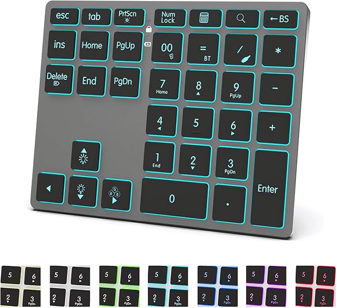 Tri-Mode Aluminum Numpad 7-Color LED Backlit, BT5.0/USB/2.4G Wireless Rechargeable Number Pad 35-Key Scissor Switches Light Up Keycaps for PC/Laptop/Win/Mac, Grey Black
