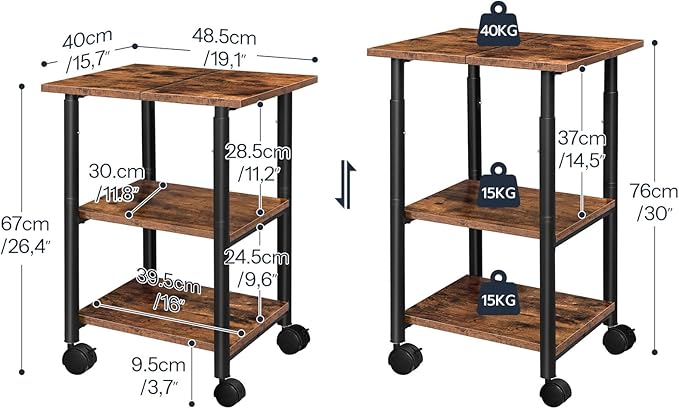 HOOBRO Printer Stand, 3-Tier Industrial Under Desk Printer Cart with Shelf, Mobile Heavy Duty Storage Rack on Wheels for Home, Office Rustic Brown and Black BF03PS01G1