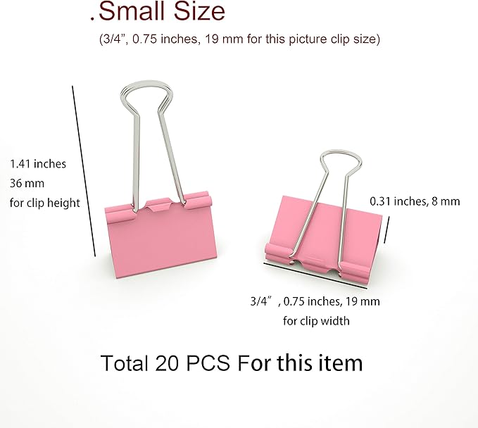 nctinystore Binder Clips Small Metal Clamp 0.75 inch / 19 mm (Pink, 20-PCS)
