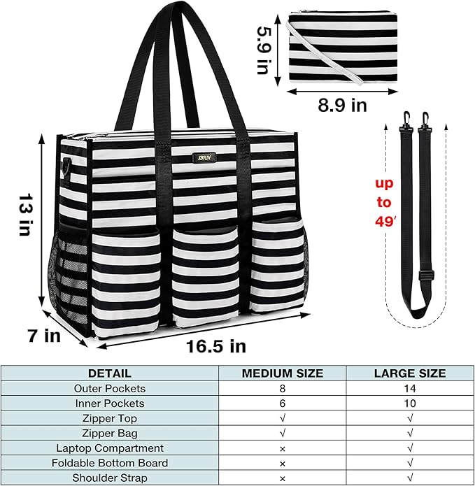 IBFUN Utility Tote Bag with 14/24 Pockets Zip Top Teacher Tote Bag for Teacher/Work Women