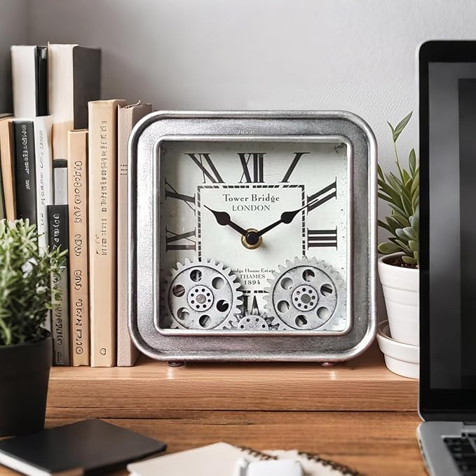 Vintage Desk Clock, 6 inch Metal Table Clocks with Moving Gears, Small Silent Non Ticking Industrial Steampunk Quartz Shelf Clock for Home Office Living Room Desk Decor Battery Operated