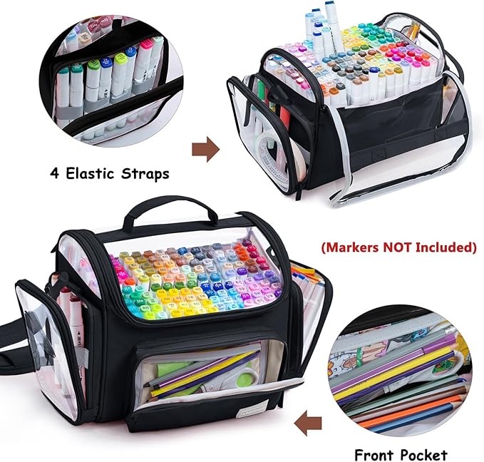 Large Marker Organizer Case Holds 150-200 Markers | Art Marker Storage Bag with Removable Dividers & Clear Top for Artists, Crafters & Travel - Pen, Pencil Alcohol Marker Holder - Art Supply