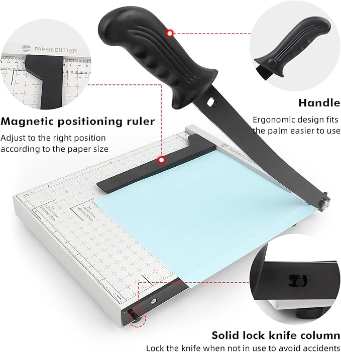 Guillotine Paper Cutter, 12 Inch Heavy Duty Guillotine, 12 Sheet Capacity Stack Paper Trimmer with Safety Blade Lock, 12" Cutting Length and Paper Cutter Slicer for Office Home School