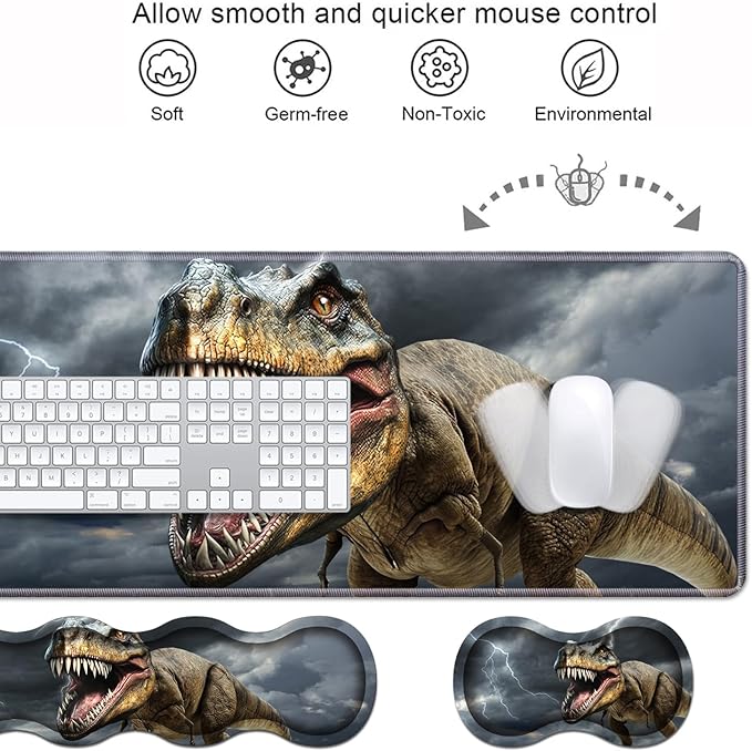 Ergonomic Keyboard Wrist Rest & Mouse Pad Wrist Rest Set, Large XXL Gaming Desk Mat 31.5"x 11.8" with Memory Foam, Easy Typing Pain Relief for Office & Home, Dinosaur
