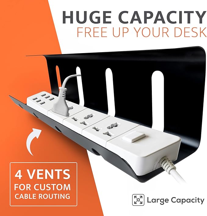 Under Desk Cable Management Tray [2 Pieces] - Carbon Steel Desk Wire Organizer [16x4x4 in] - No Drilling Wire Management Under Desk with Glue Dots - Elegant Underdesk Tray
