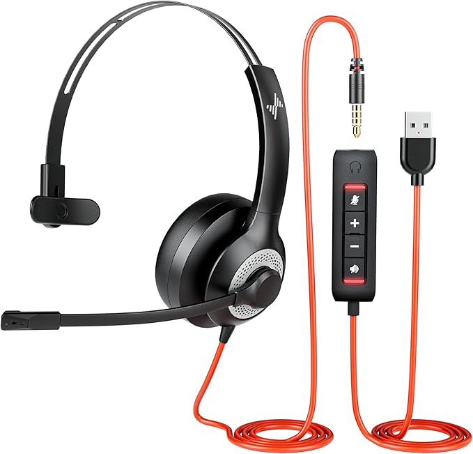 JIAMQISHI USB Headset with Mic for PC, On-Ear Computer Laptop Headphones with Noise Cancelling Microphone in-line Control for Home Office Online Class (USB+3.5mm Single Ear Headset, Black)