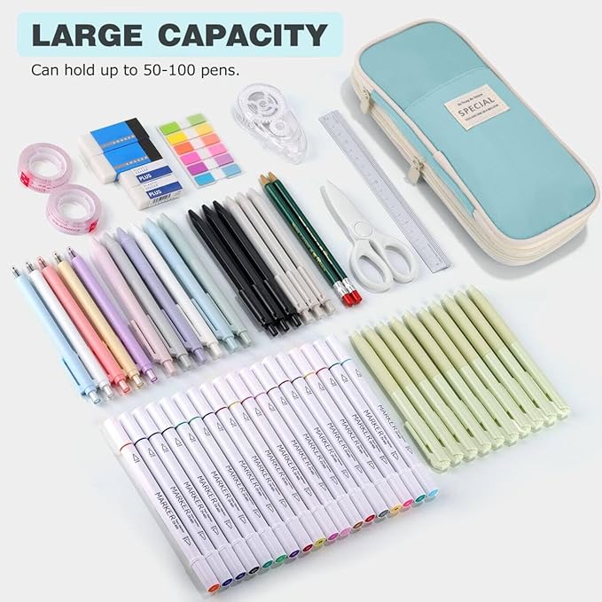 Large Capacity Pencil Case with Zipper, Aesthetic Pencil Pouch, Portable Stationery Organizer Bag for Teen and Adults, Big Pencil Bag for College, Office, Travel - Blue