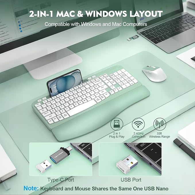 Wireless Keyboard and Mouse Combo, Wave Keys Full-Sized Ergonomic Keyboard with Cushioned Plam Rest, Phone Holder, Comfortable Natural Typing, 2.4G Cordless Set for Computer, Laptop, PC, Mac, Windows