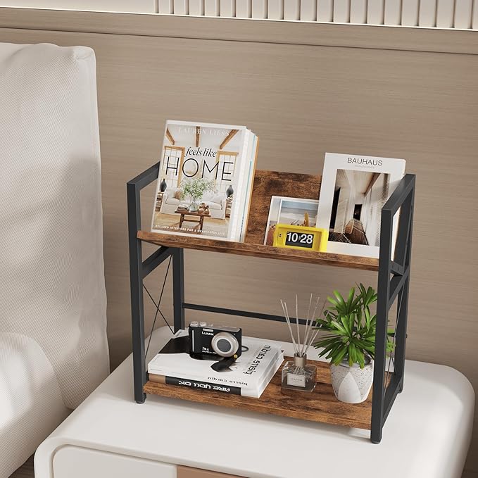 ELITEROO Desktop Bookshelf, 2 Tier Desk Shelf Organizer, Wooden Tabletop Bookcase, Small Desk Top Book Rack for Office, Home, Bedroom, Small Space Storage and Display, Rustic Brown