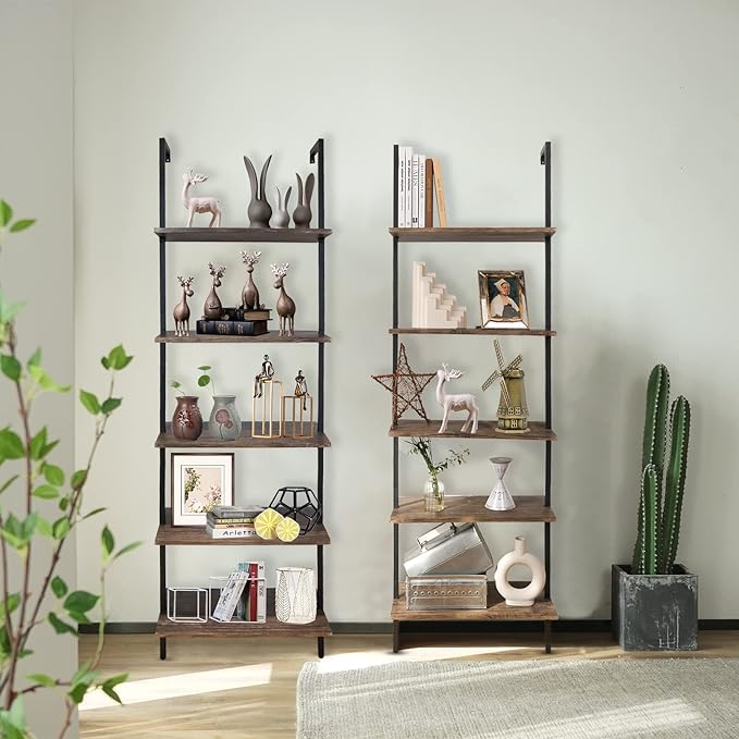 aboxoo Ladder Shelf 2PCS Open Bookshelf 5-Tier Wall-Mounted Wood Bookcase Rack Open Back Industrial Modern Plant Flower Stand Utility OrganizerMetal Frame Furniture Office Kitchen Bedroom (Brown)