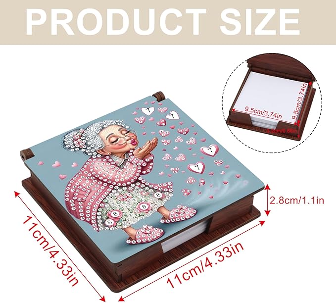 Wooden DIY Cute Old Lady Diamond Art Notecard Box – DIY Gem Art Sticky Note Holder for Adults 160 Sheets Memo Pad Storage