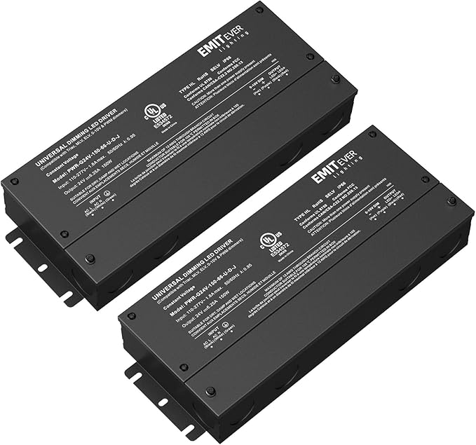 EMITEVER Dimmable Led Driver, 2 Packs 150W AC 110V-277V to DC 24V Transformer, 5-in-1 Dimming: ELV/MLV/TRIAC / 0-10V / 1-10V / 10V PWM/Potentiometer, Waterproof IP67 and UL Listed