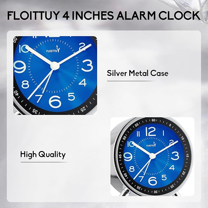 Super Silent Metal Alarm Clock,Beep Wake Round Alarm Clock with Strip Night Light,Battery Operated,Easy Set,Simple & Retro for Desk, Bedroom and Home Decoration(Royal Blue)