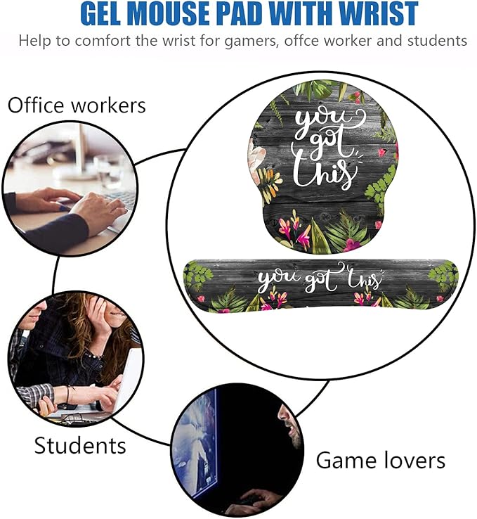 Keyboard Wrist Rest and Mouse Pad Wrist Support Set with Coasters, You Got This Inspirational Quote Wrist Support Mouse Pad with Non-Slip PU Base for Computer Laptop Home Office Working Studying