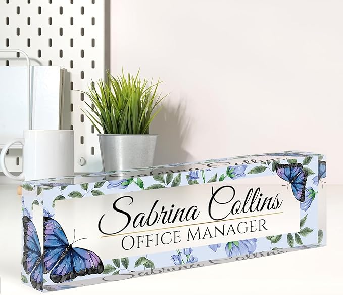 Name Plate for Desk, Desk Name Plate Personalized, Office Decor for Women Men, Acrylic Desktop Accessories, Office Appreciation Gifts for Boss Social Workers Nurse Teacher Employee (Blue Butterfly)