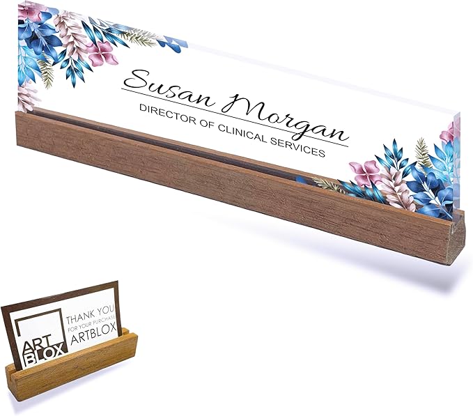 ARTBLOX | Office Personalized Name Plate Blue Leaf Design On Clear Acrylic Glass for Desk with Business Card Holder