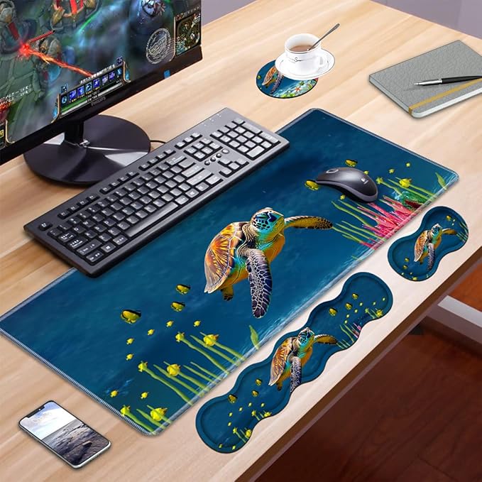 Ergonomic Keyboard Wrist Rest and Mouse Pad Wrist Rest Set, Large XXL Gaming Mousepad 31.5"x 11.8", Memory Foam, Easy Typing Pain Relief, Multifunctional Desk Mat for Office & Home, Sea Turtle