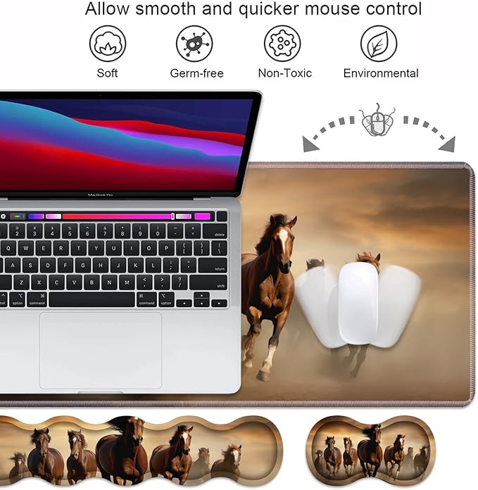Ergonomic Keyboard Wrist Rest and Mouse Pad Wrist Rest Set, Large XXL Gaming Mousepad 31.5"x 11.8", Memory Foam, Easy Typing Pain Relief, Multifunctional Desk Mat for Office & Home, Galloping Horse