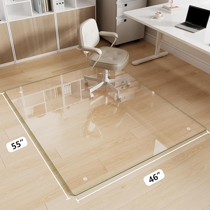 FlyEcho Glass Chair Mat 46" x 55" Tempered Glass Office Chair Mat, Glass Floor Mat with Round Corner and Polished Edge for Smooth Glide, Office Chair Mat for Carpet, Hardwood Floor