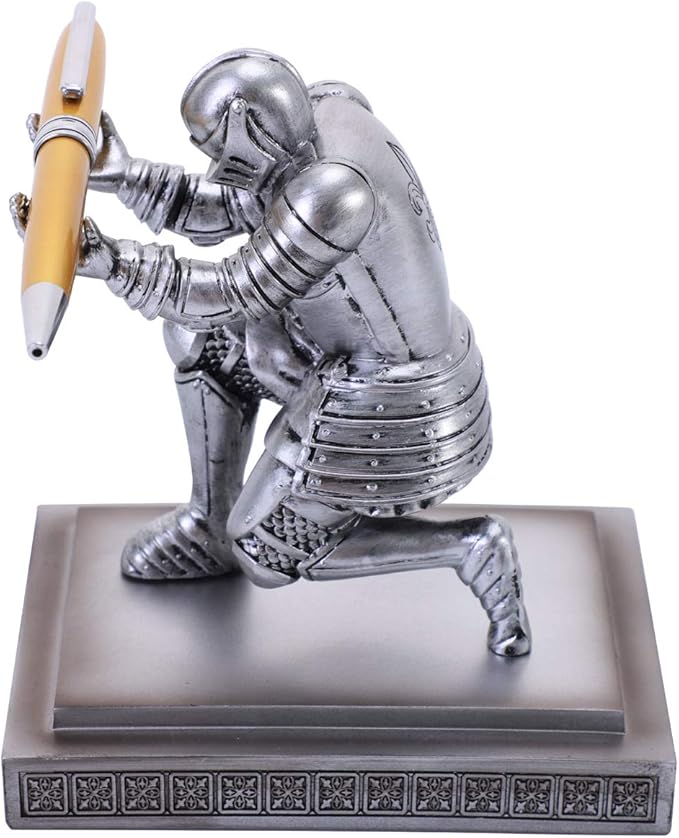 Knight Pen Holder Desk Ornament Resin Pencil Holders Desk Accessories and Organizer For Men with a Cool Pen (Silver)