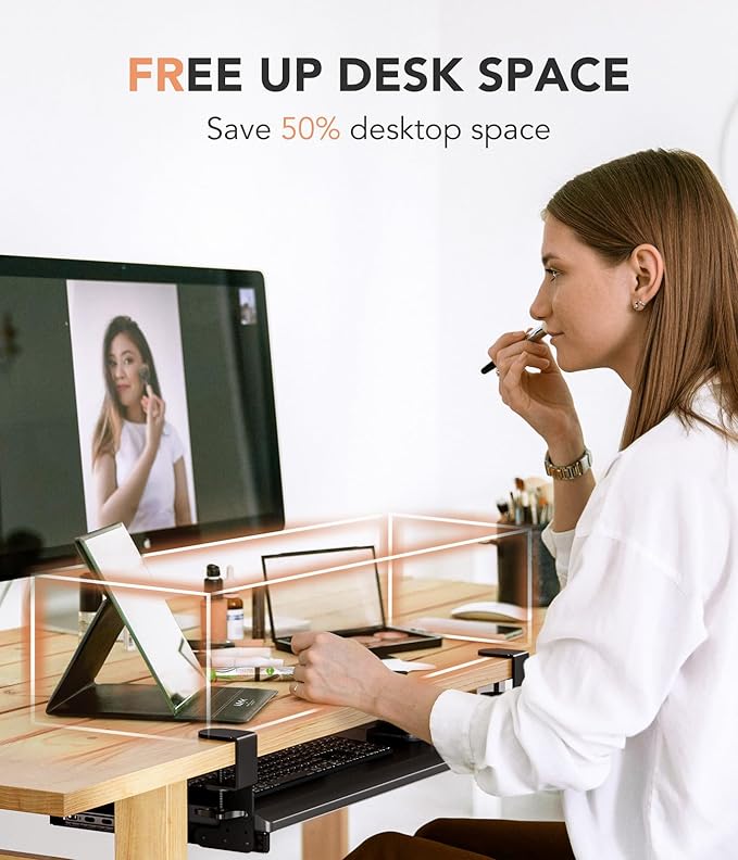 Hemudu Keyboard Tray Under Desk Pull Out with Extra Sturdy C Clamp Mount System, 27.3 (32.5 inch Including Clamps) x 11 Inch Slide-Out Platform Computer Drawer for Typing Black