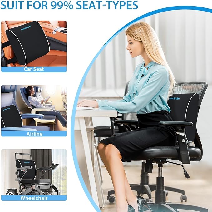 Lumbar Support Pillow for Office Chair & Car Seat, Ergonomic Memory Foam Back Support for Lower Back Pain Relief, Double Adjustable Straps, Breathable Washable Cover, Black