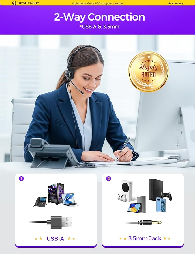 Rownfusny USB Headset with Microphone for PC, Computer Headset with Microphone Noise Canceling Mic for Laptop Call Center Wired Headset with Mic for Work Zoom Skype Teams from Office Home (Black)