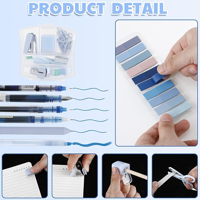 Colarr Mini Office Supply Kit Includes Stapler Tape Dispenser Staple Remover Paper Clips Scissor Staples Pen Sharpener Note Small Telescopic Knife for Office and School Clerk Student (Blue)