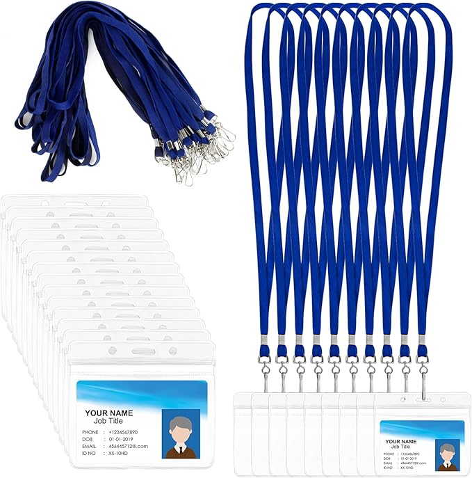 50 Pack ID Card Name Tag Badge Holders with Lanyards Blue Lanyards with Clear Horizontal Waterproof Name Badge ID Card Holders for Office School Travel (Blue)