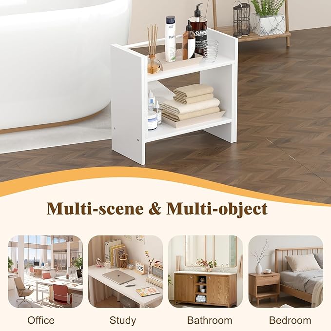 Desktop Organizer Shelf, Adjustable Wooden Double-Tier H-Shape Mini Bookcase, Multi-Use Office Storage Rack for Desk Top/Corner, Table Top Shelving & Office Organization Accessories (White)