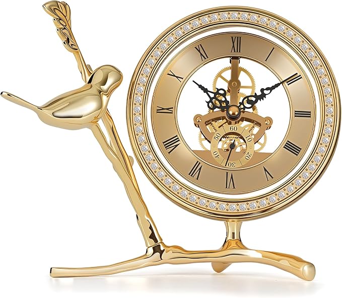 Anniversary Clock with Skeleton Dial & Gears, Golden Tabletop Clock for Living Room, Silent Battery Operated Desk Clock, Vintage Home Decor Gift Idea (Gold)